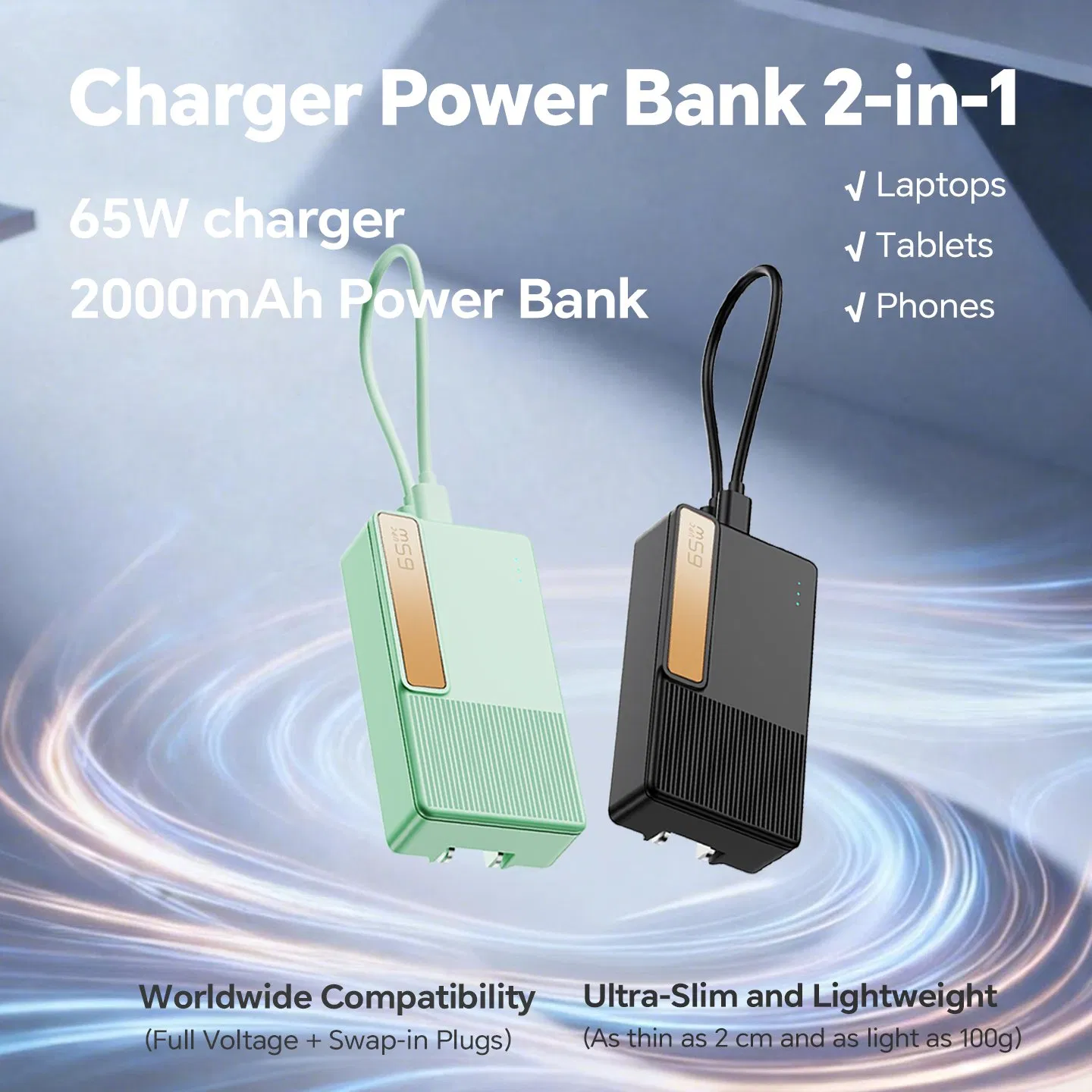 2000mAh GaN External Battery Pack Slim Portable Phone Charger Temperature Protection with Adapter for iPad