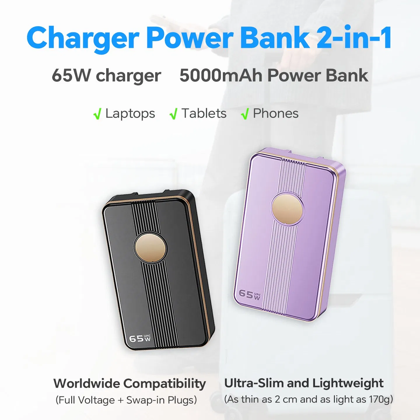 65W Cell Phone Charger Compact External Battery Pack 5000mAh with Temperature Protection with Adapter for iPad &amp; Laptops