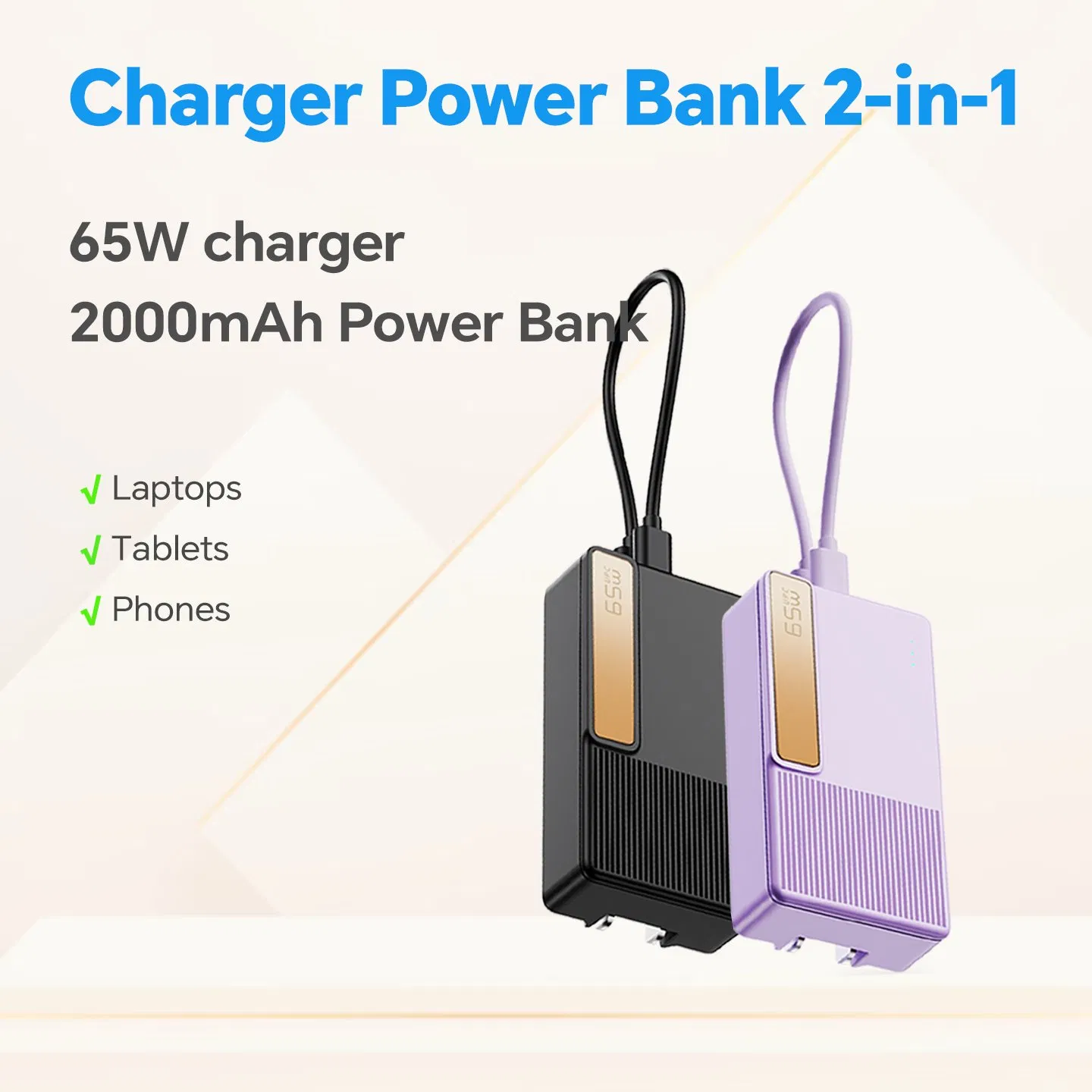 65W GaN Tech Phone Charger 2000mAh Power Bank External Battery Charger for Laptop MacBook iPad PRO Samsung Tablet