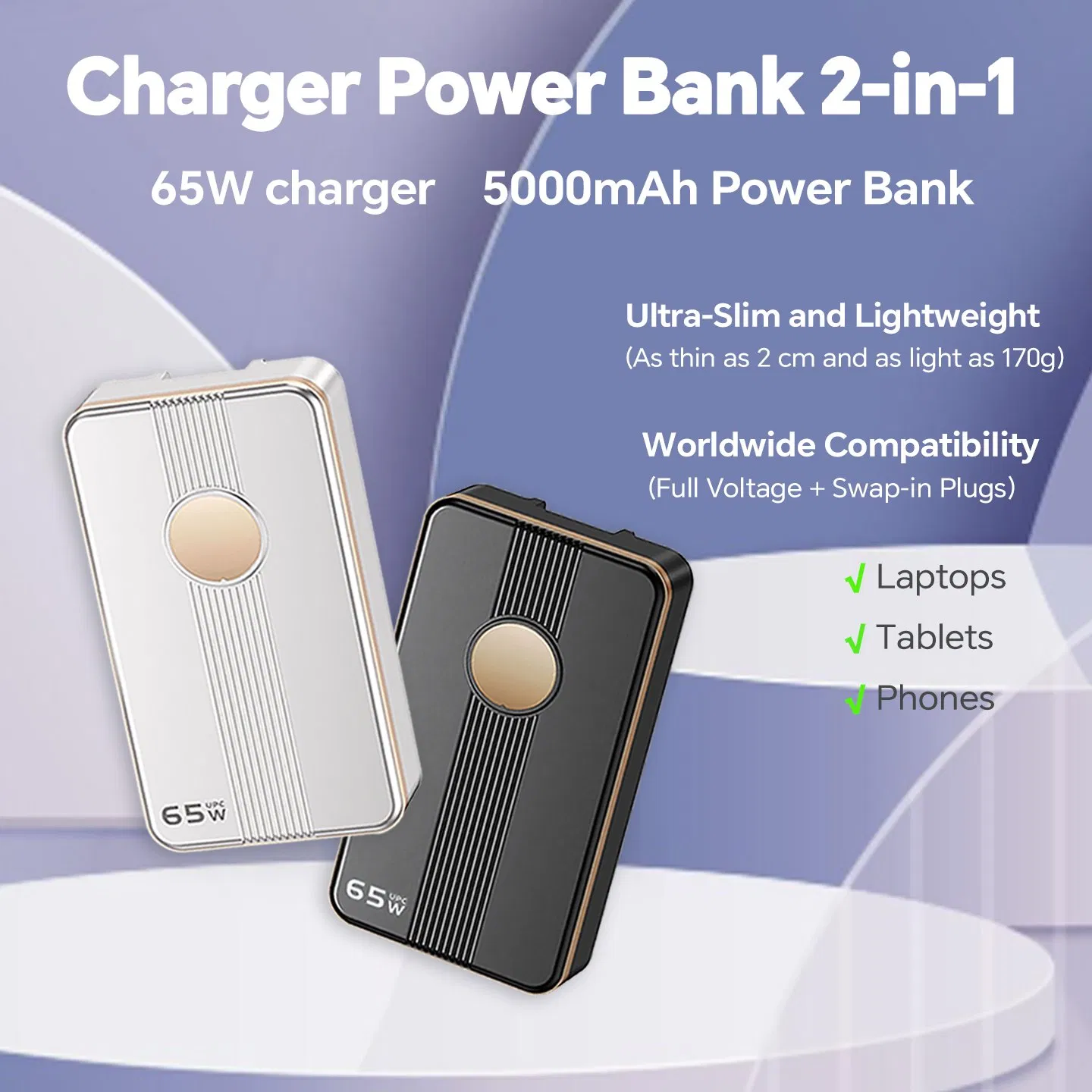 65W Compact 2-in-1 Power Bank Charger 5000mAh, Lightweight External Battery for Home, Office and Outdoor Travel Use