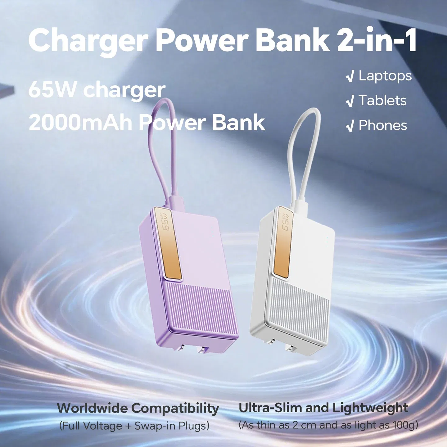 2000mAh GaN External Battery Pack Slim Portable Phone Charger Temperature Protection with Adapter for iPad