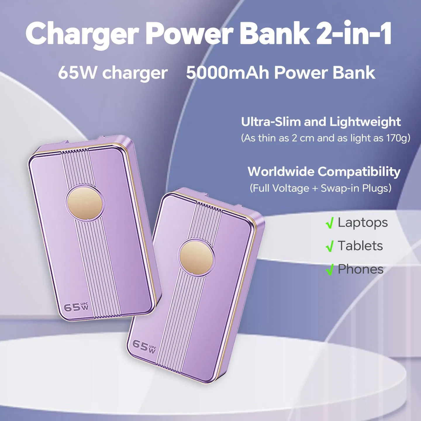 65W Compact 2-in-1 Power Bank Charger 5000mAh, Lightweight External Battery for Home, Office and Outdoor Travel Use