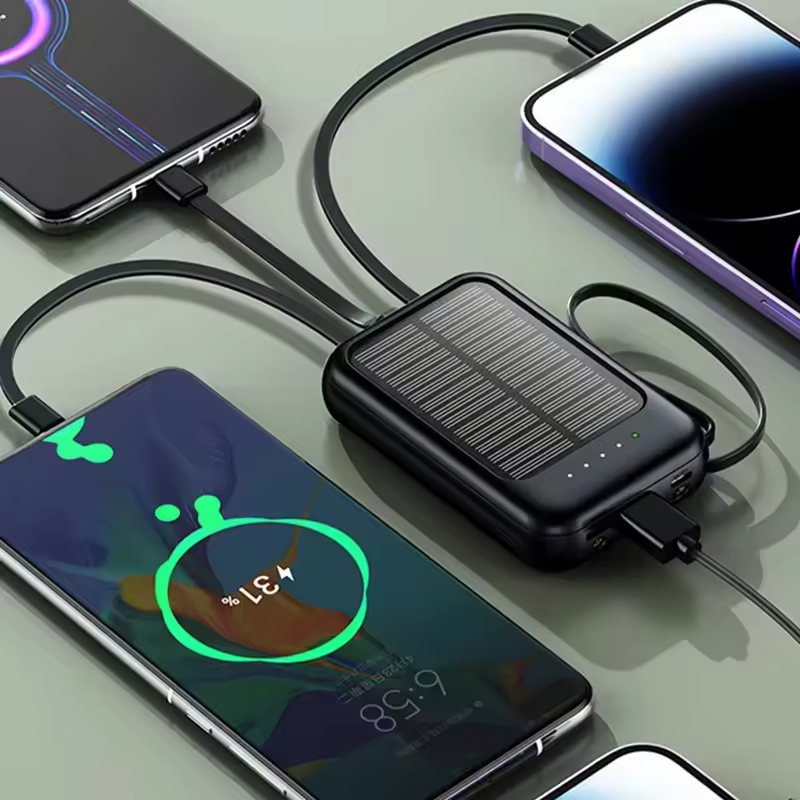 Solar Charger Power Bank 20000mAh External Battery Powerbank with LED Display Built-in Cables for Phone Charger