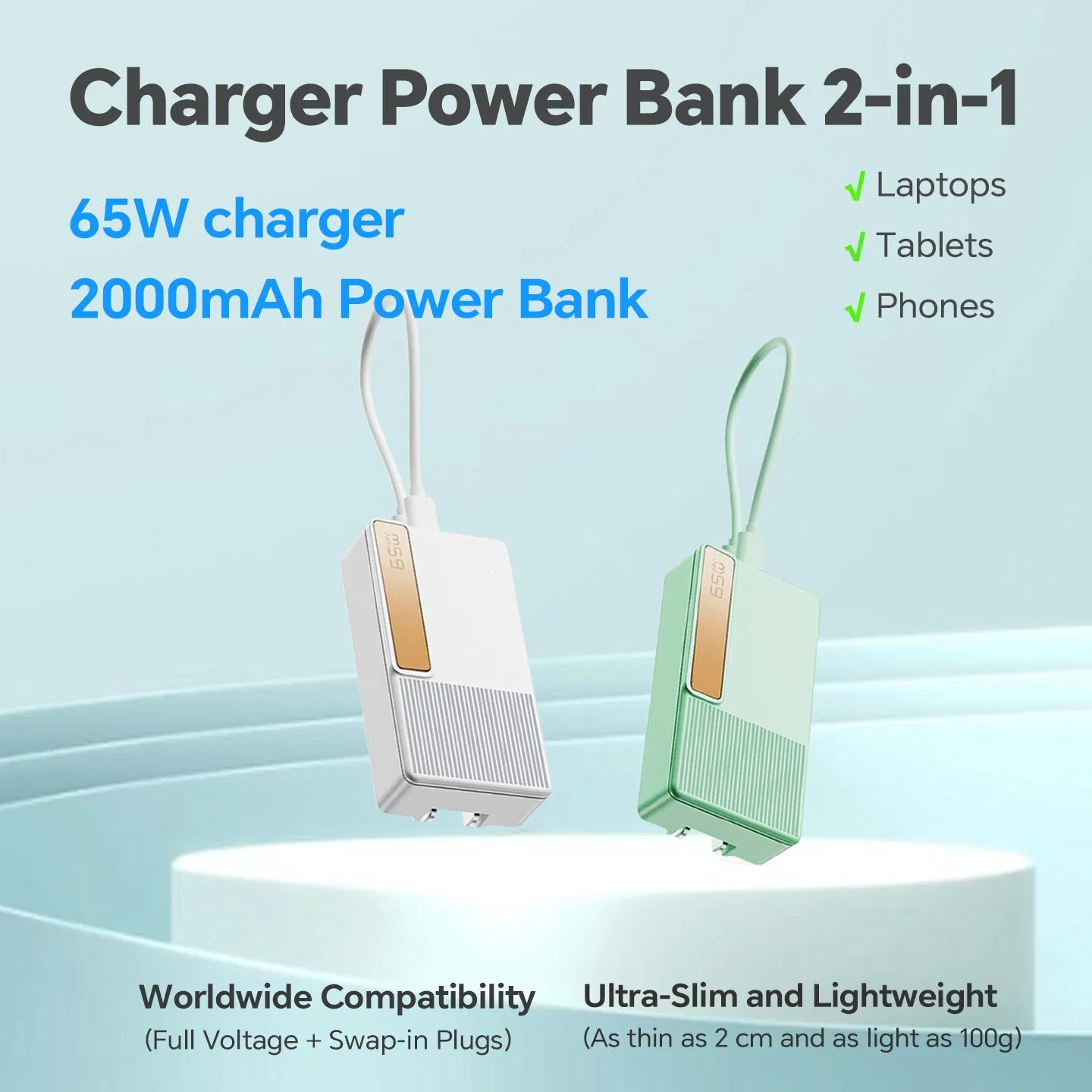 65W GaN Fast Charger 2000mAh Power Bank External Battery Pack for Laptops Tablets Smart Phones