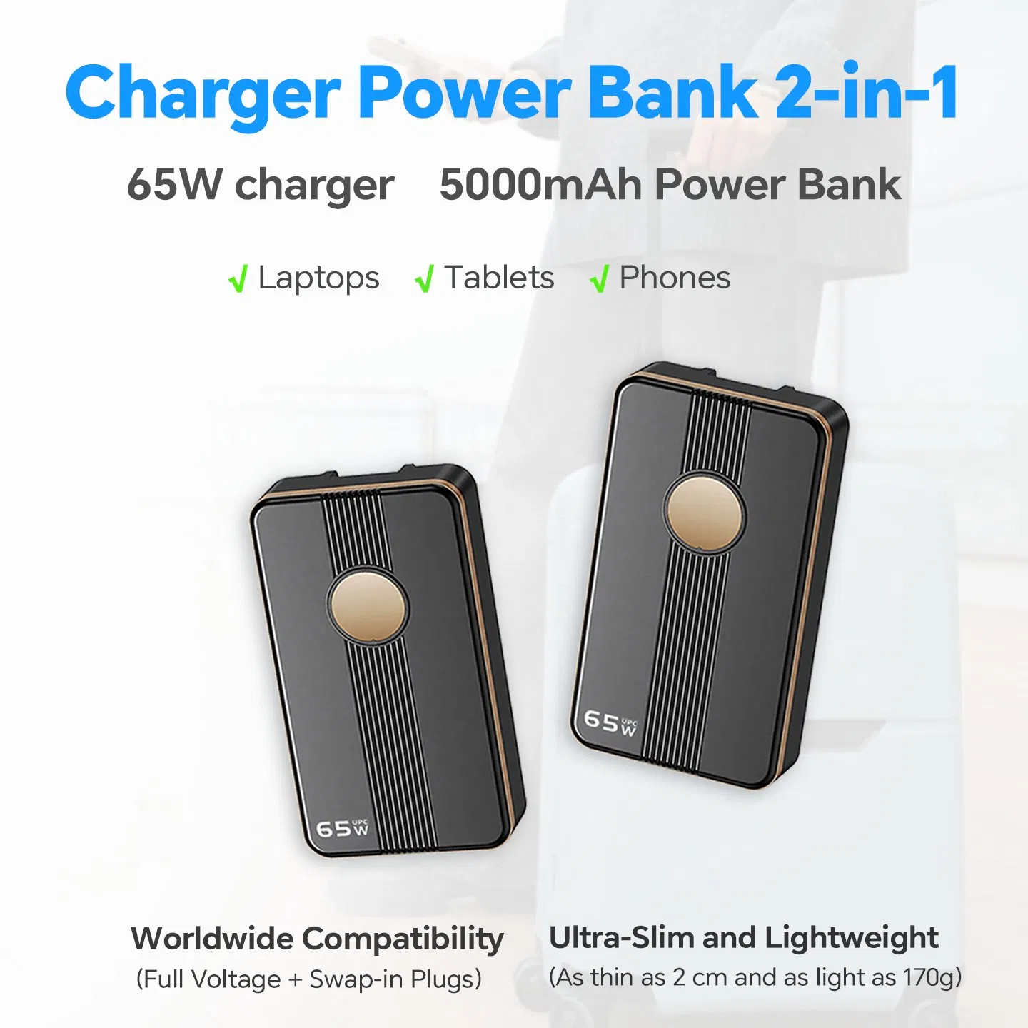 65W Cell Phone Charger Compact External Battery Pack 5000mAh with Temperature Protection with Adapter for iPad &amp; Laptops
