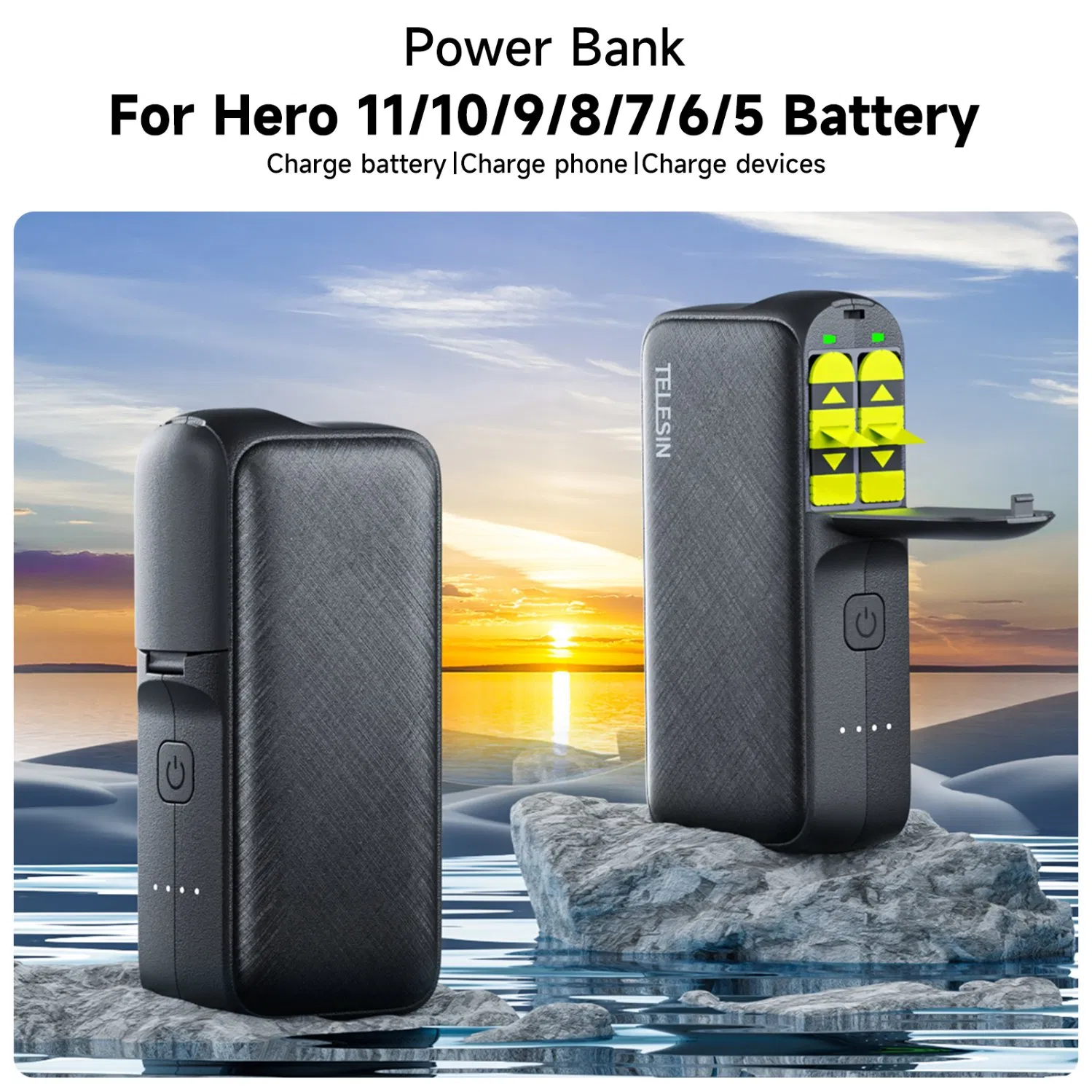 Telesin Gp-Pb-001 for Gopro 11 / 10 / 9 / 8 / 7 / 6 / 5 Battery Charger Portable Power Bank External Camera Battery