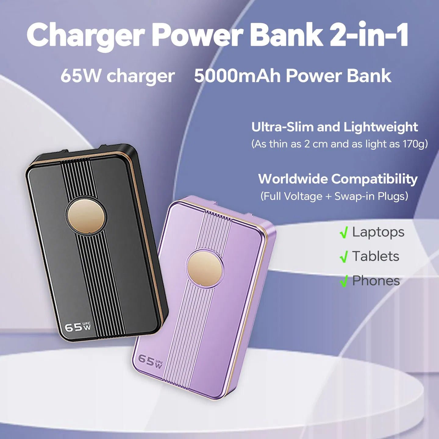 65W Compact 2-in-1 Power Bank Charger 5000mAh, Lightweight External Battery for Home, Office and Outdoor Travel Use
