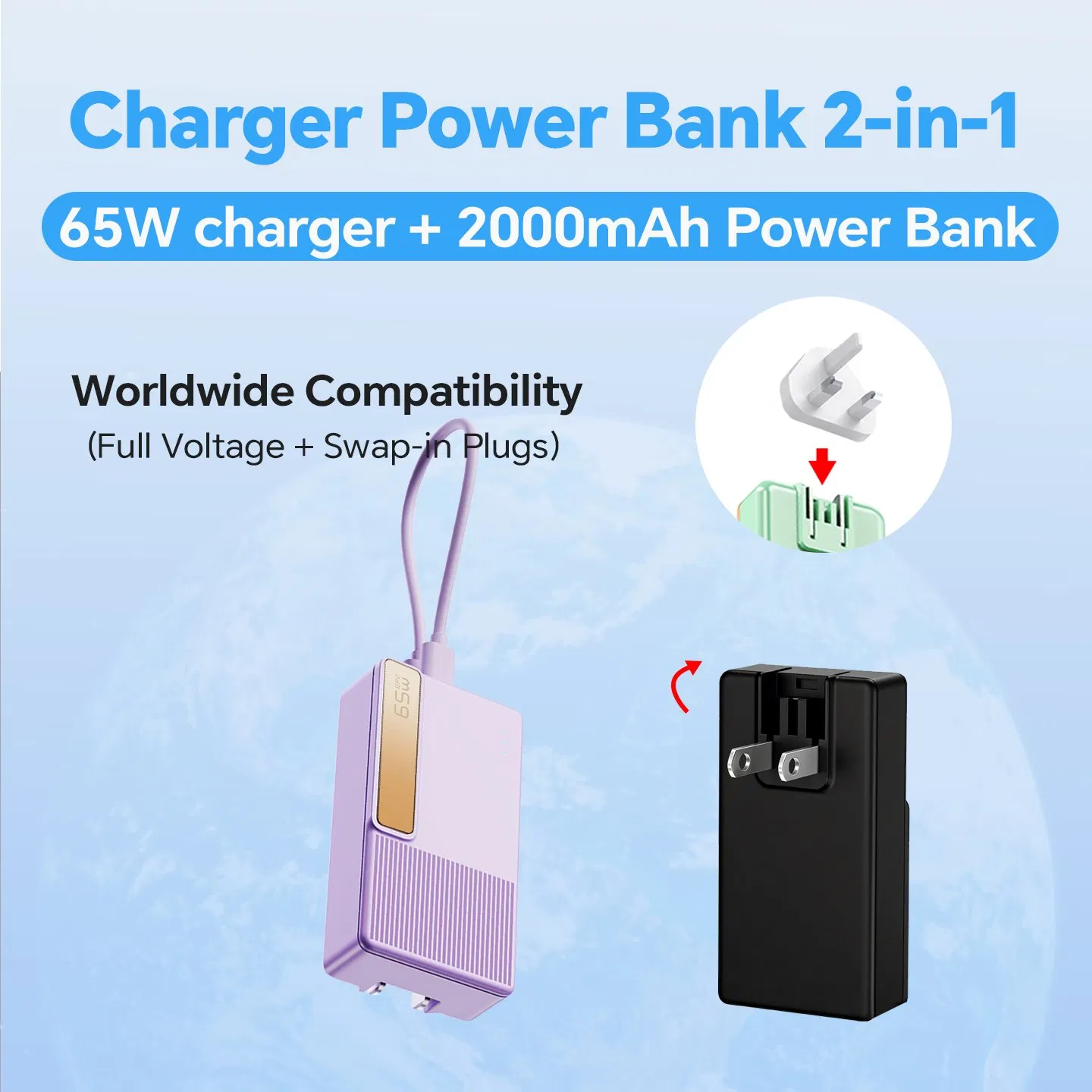 65W GaN Pd Uninterruptible Power Charger 2000mAh Power Bank 2-in-1 Pocket Portable External Battery for Laptops Business Travel and Gifts