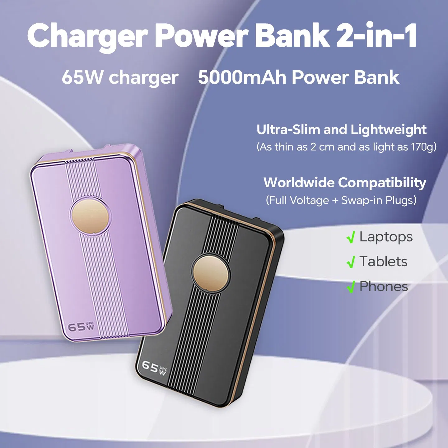 65W Compact 2-in-1 Power Bank Charger 5000mAh, Lightweight External Battery for Home, Office and Outdoor Travel Use