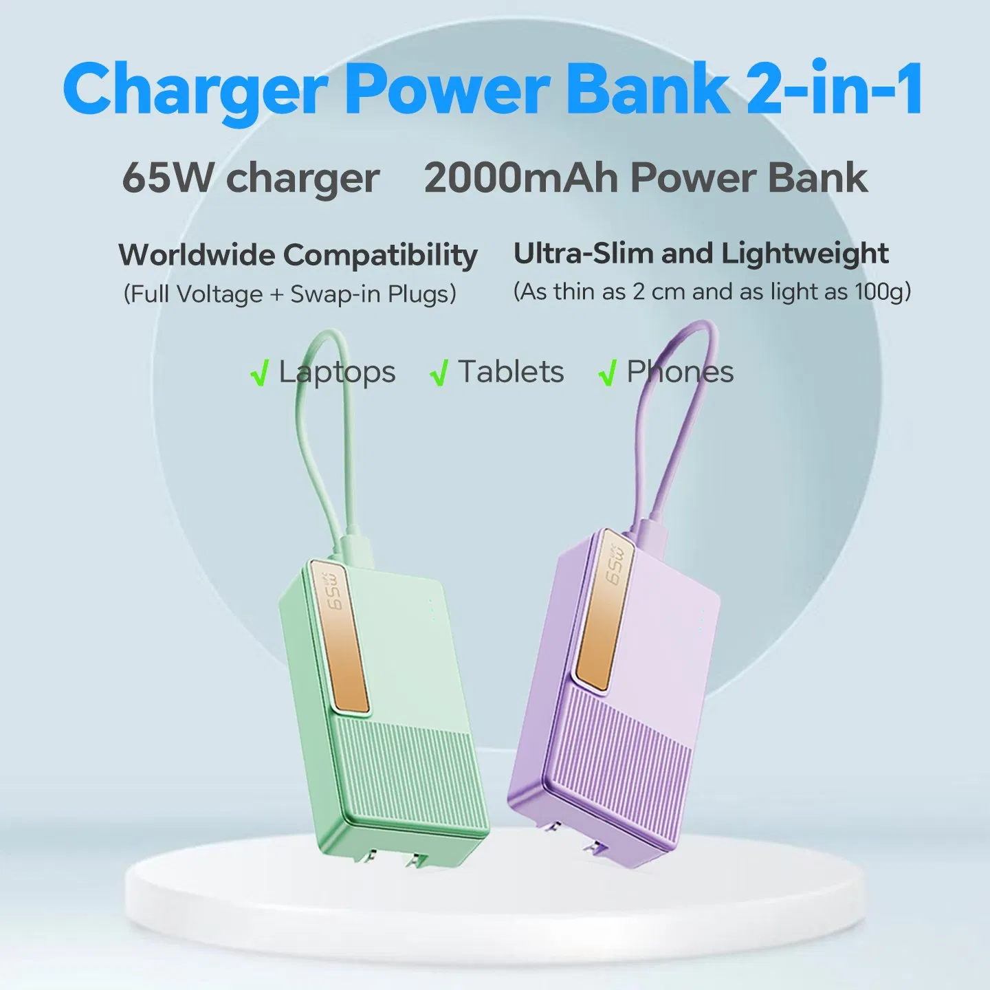 65W Portable Slim Charger 2000mAh Power Bank External Battery for Samsung Z Fold7 Z Flip7 Tablet Phone