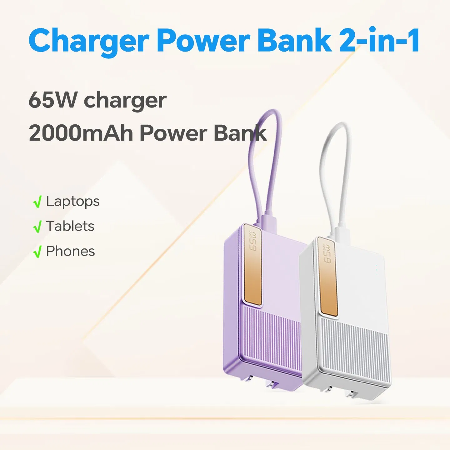65W GaN Tech Phone Charger 2000mAh Power Bank External Battery Charger for Laptop MacBook iPad PRO Samsung Tablet