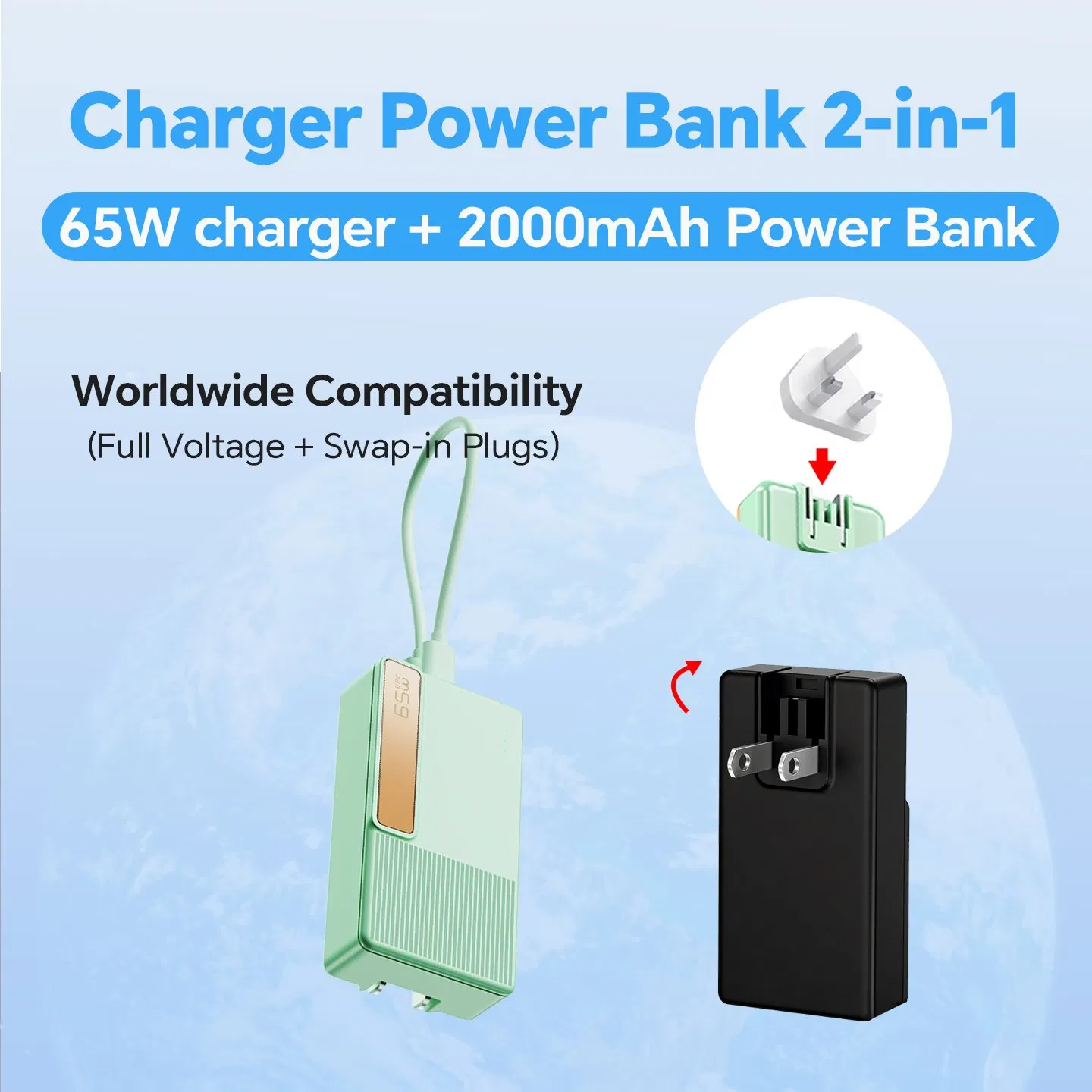 65W GaN Pd Uninterruptible Power Charger 2000mAh Power Bank 2-in-1 Pocket Portable External Battery for Laptops Business Travel and Gifts