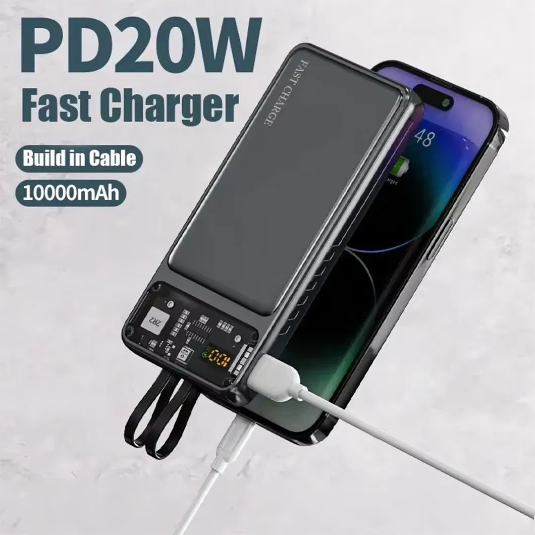 OEM Customize External Battery Powerbank Portable Charger Pd QC Fast Charging with Cable Type C Transparent Power Bank 20000mAh