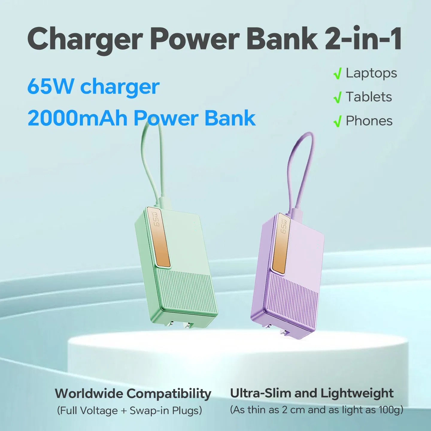 65W GaN Fast Charger 2000mAh Power Bank External Battery Pack for Laptops Tablets Smart Phones