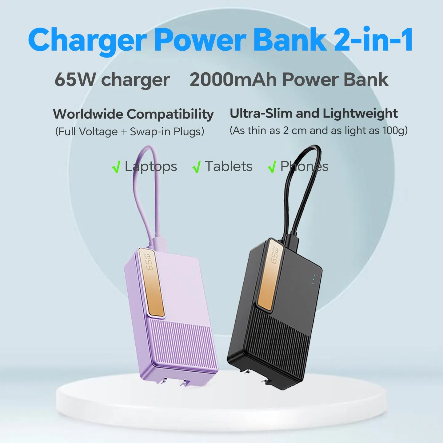 65W Portable Slim Charger 2000mAh Power Bank External Battery for Samsung Z Fold7 Z Flip7 Tablet Phone