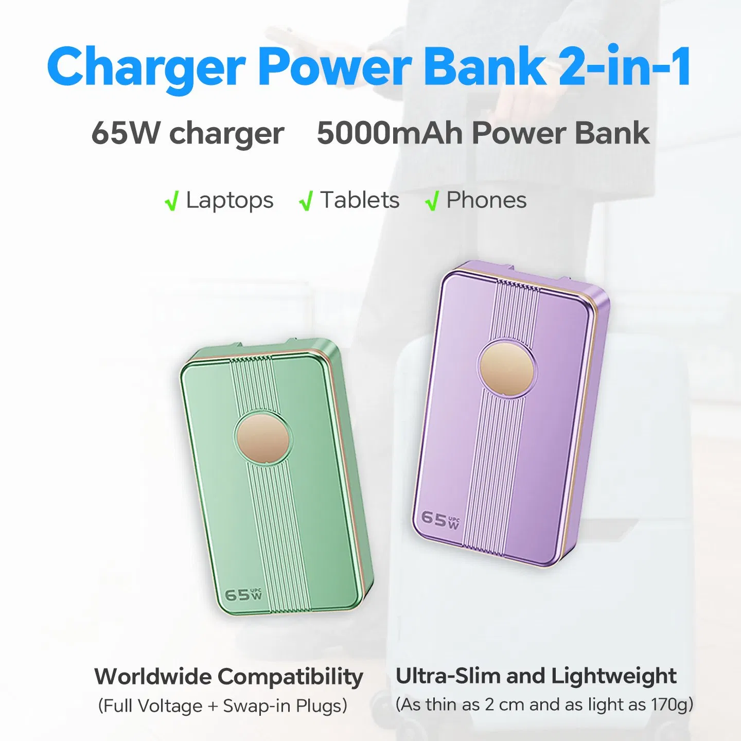 65W Cell Phone Charger Compact External Battery Pack 5000mAh with Temperature Protection with Adapter for iPad &amp; Laptops
