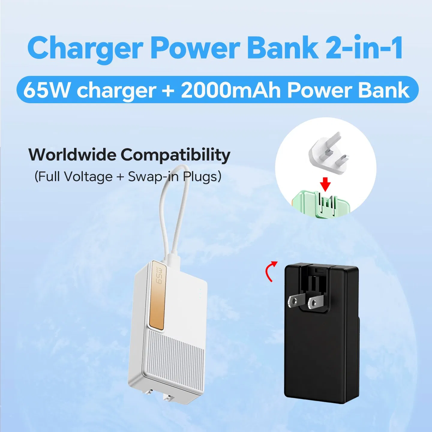65W GaN Pd Uninterruptible Power Charger 2000mAh Power Bank 2-in-1 Pocket Portable External Battery for Laptops Business Travel and Gifts
