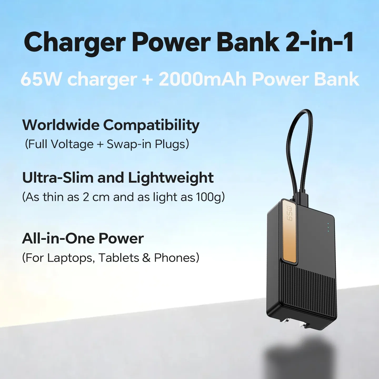 GaN External Battery with AC &amp; Wall Plug, 2-in-1 Uninterruptible Charger Full Protection, Flight-Approved Pocket Portable Charger for iPhone Samsung Mobile