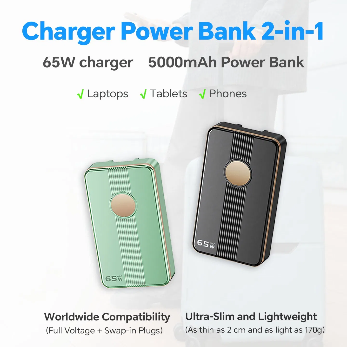 65W Cell Phone Charger Compact External Battery Pack 5000mAh with Temperature Protection with Adapter for iPad &amp; Laptops