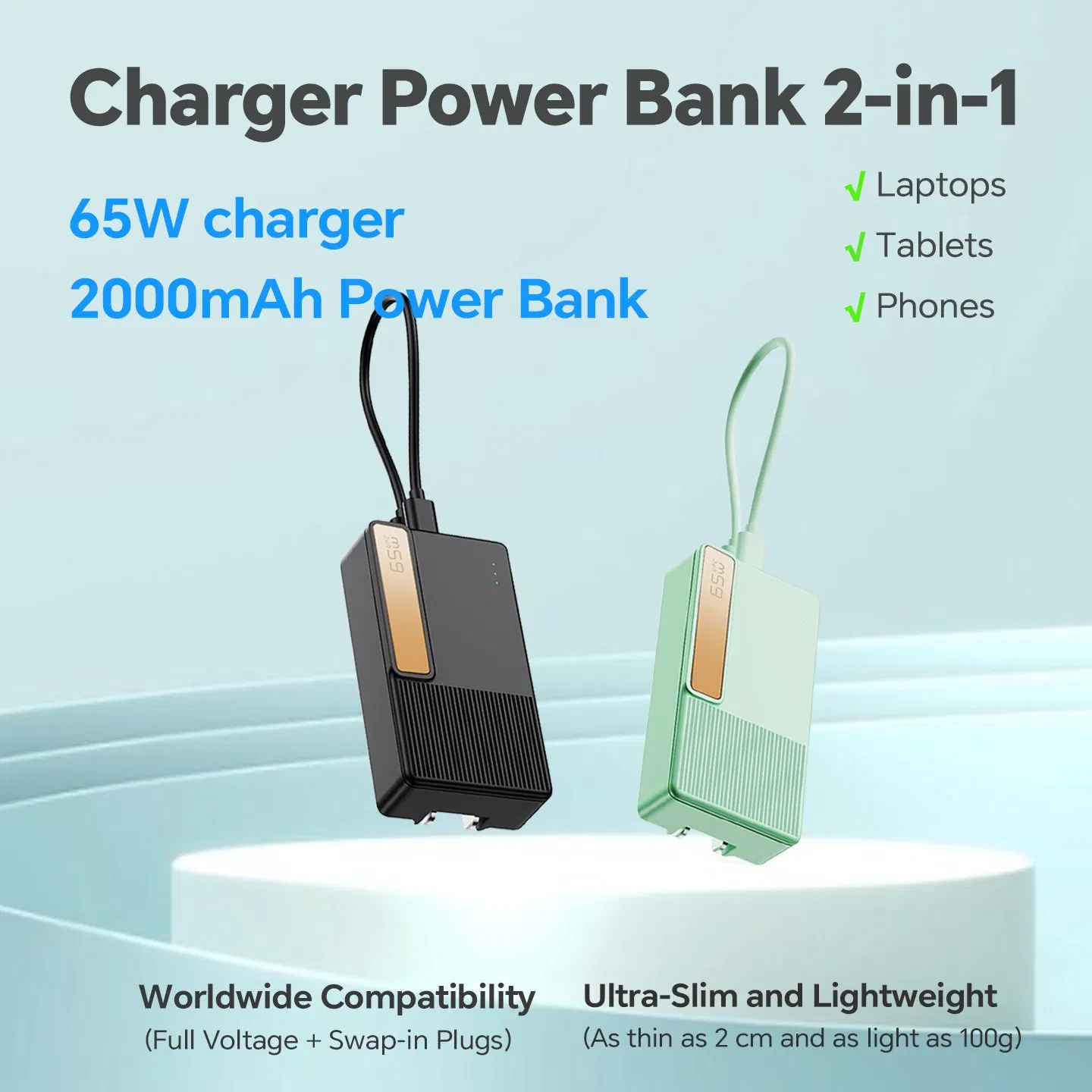 65W GaN Fast Charger 2000mAh Power Bank External Battery Pack for Laptops Tablets Smart Phones