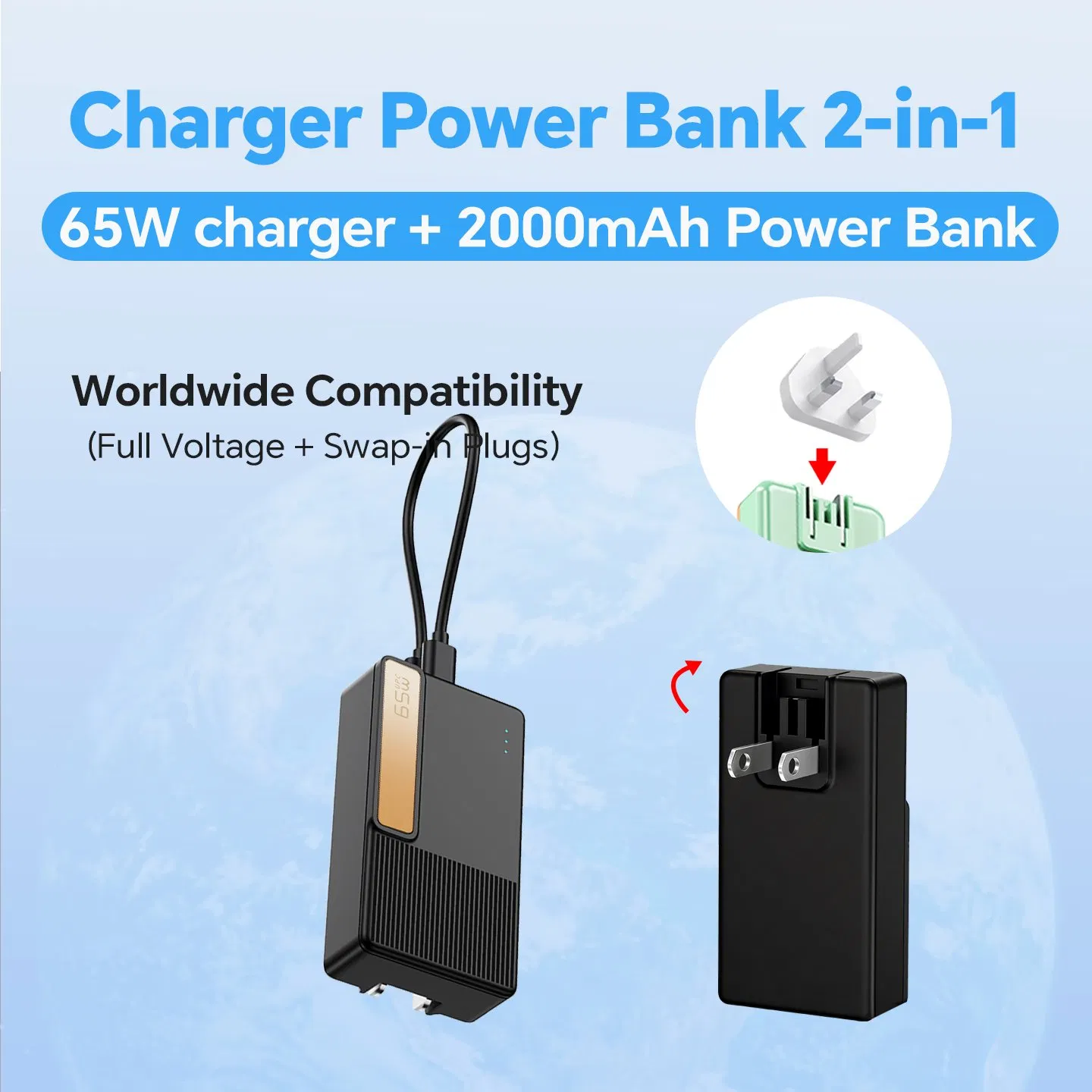 65W GaN Pd Uninterruptible Power Charger 2000mAh Power Bank 2-in-1 Pocket Portable External Battery for Laptops Business Travel and Gifts