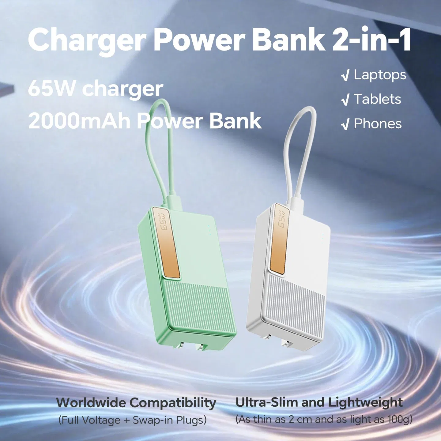 2000mAh GaN External Battery Pack Slim Portable Phone Charger Temperature Protection with Adapter for iPad