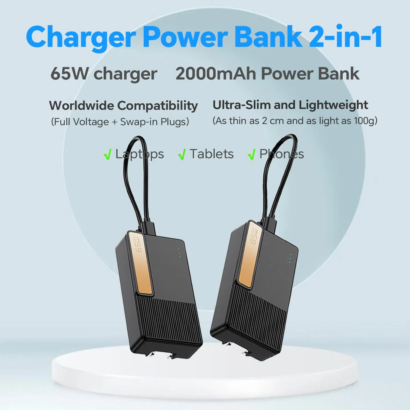 65W Portable Slim Charger 2000mAh Power Bank External Battery for Samsung Z Fold7 Z Flip7 Tablet Phone