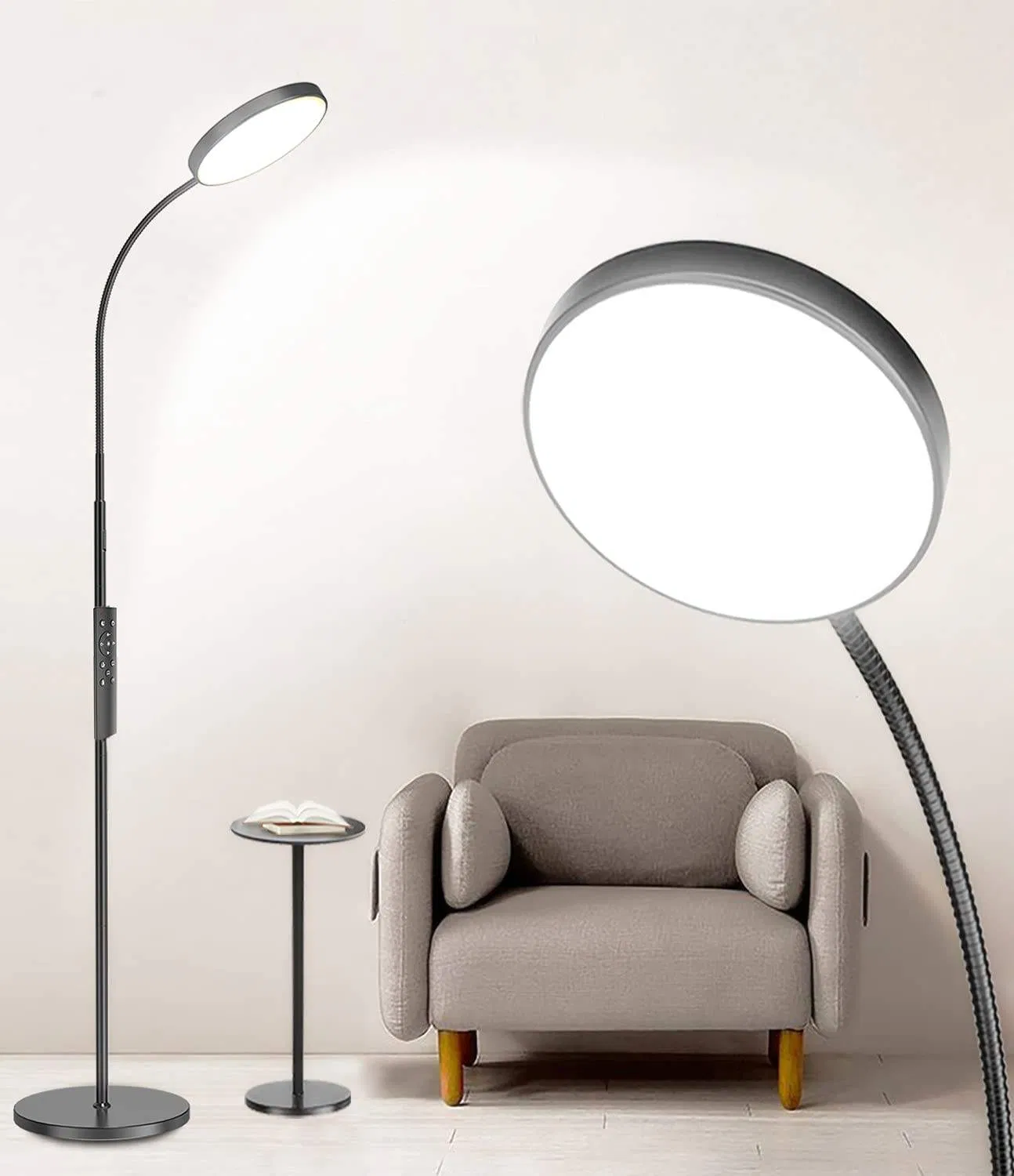 مصباح أرضي LED للقراءة في غرفة النوم بتصميم أنيق وقابل للتعديل مع ذراع مرن مقوس