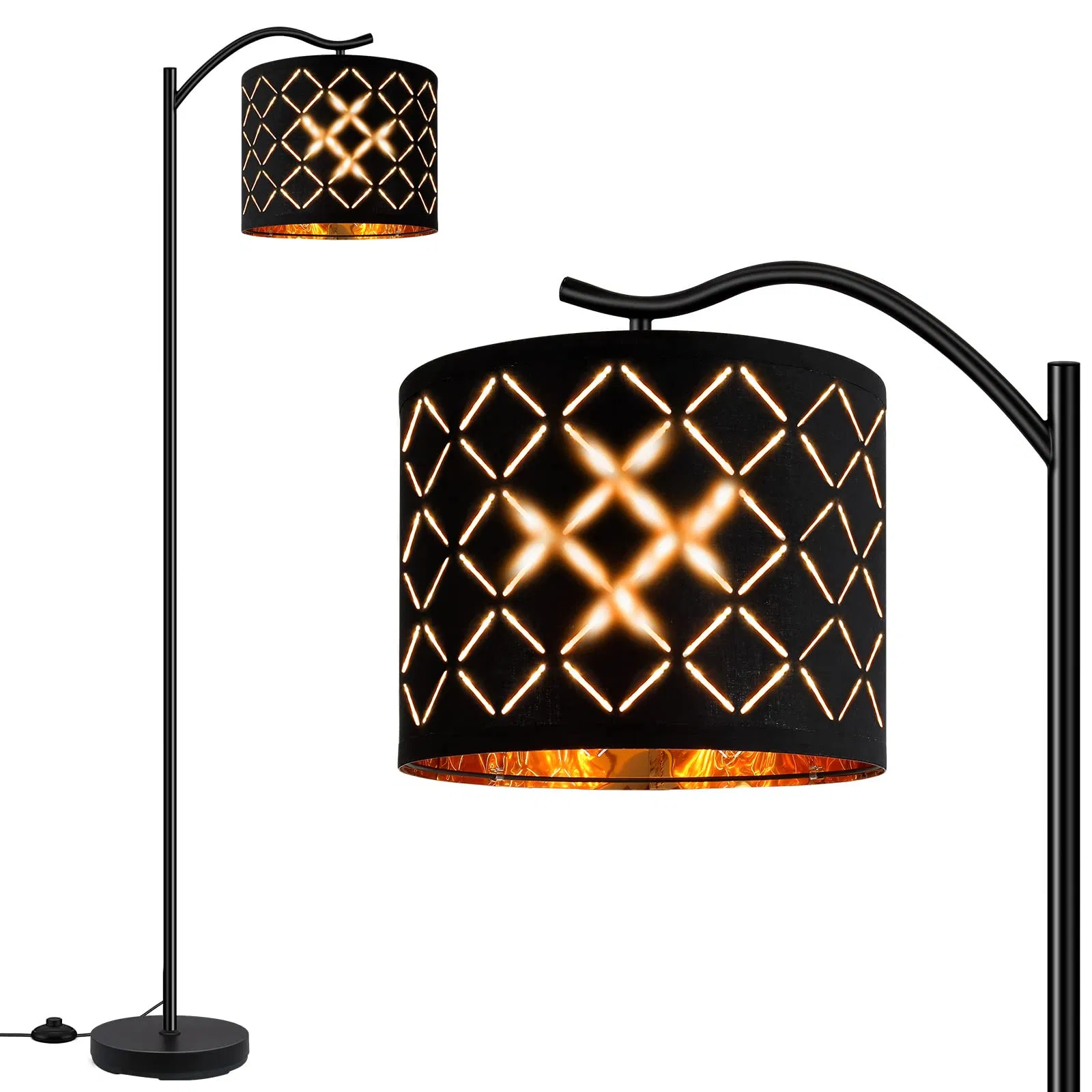 مصباح أرضي LED حديث بقوس مع ظل من الكتان البوهيمي