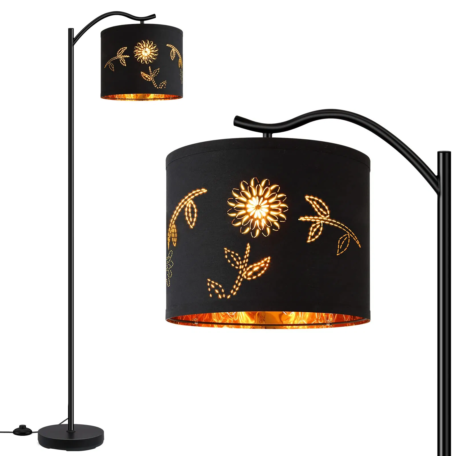 مصباح أرضي LED حديث بقوس مع ظل من الكتان البوهيمي