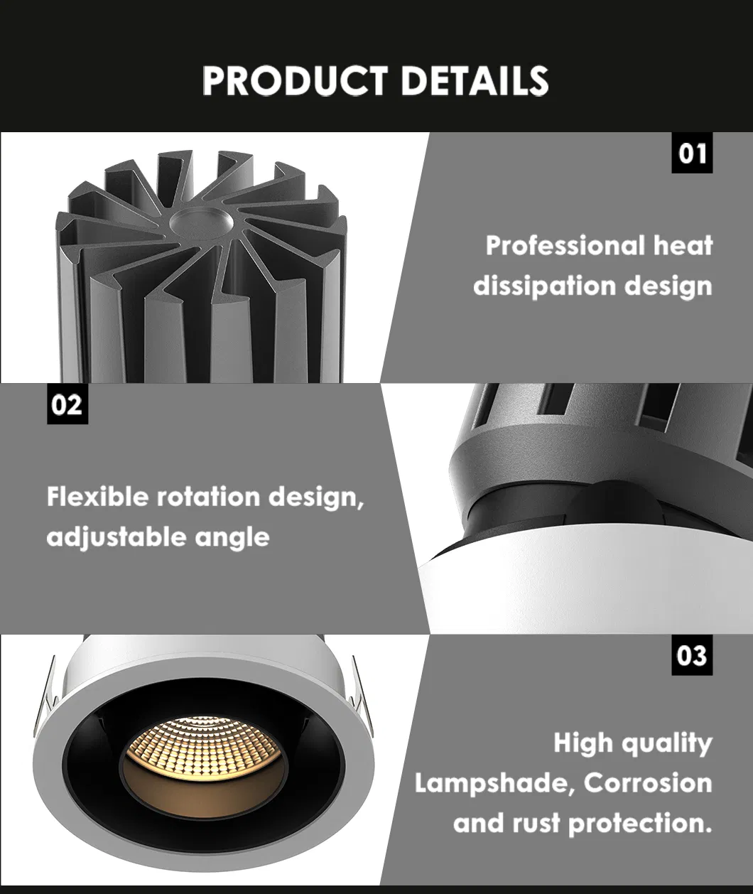 75-77mm ضوء LED مدمج قابل للتعديل، حلقة لامعة بيضاء، قابل للتعتيم، تركيب سهل للديكور الداخلي الحديث
