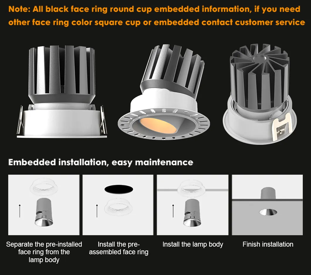 75-77mm ضوء LED مدمج قابل للتعديل، حلقة لامعة بيضاء، قابل للتعتيم، تركيب سهل للديكور الداخلي الحديث