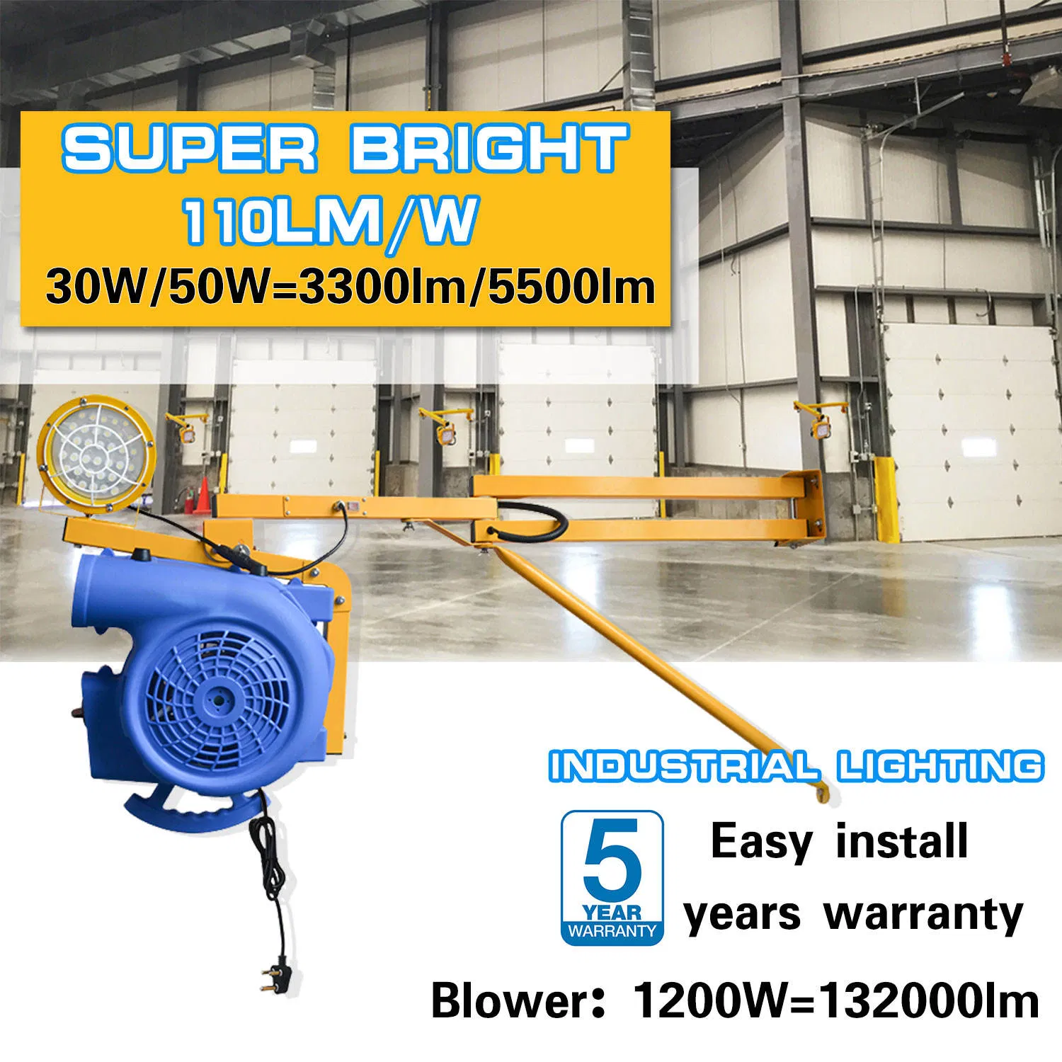 مصابيح LED رأس مصباح دوار ذراع متأرجح ثقيل ضوء طاولة العمل ضوء رصيف تحميل 100 واط With1200W مروحة
