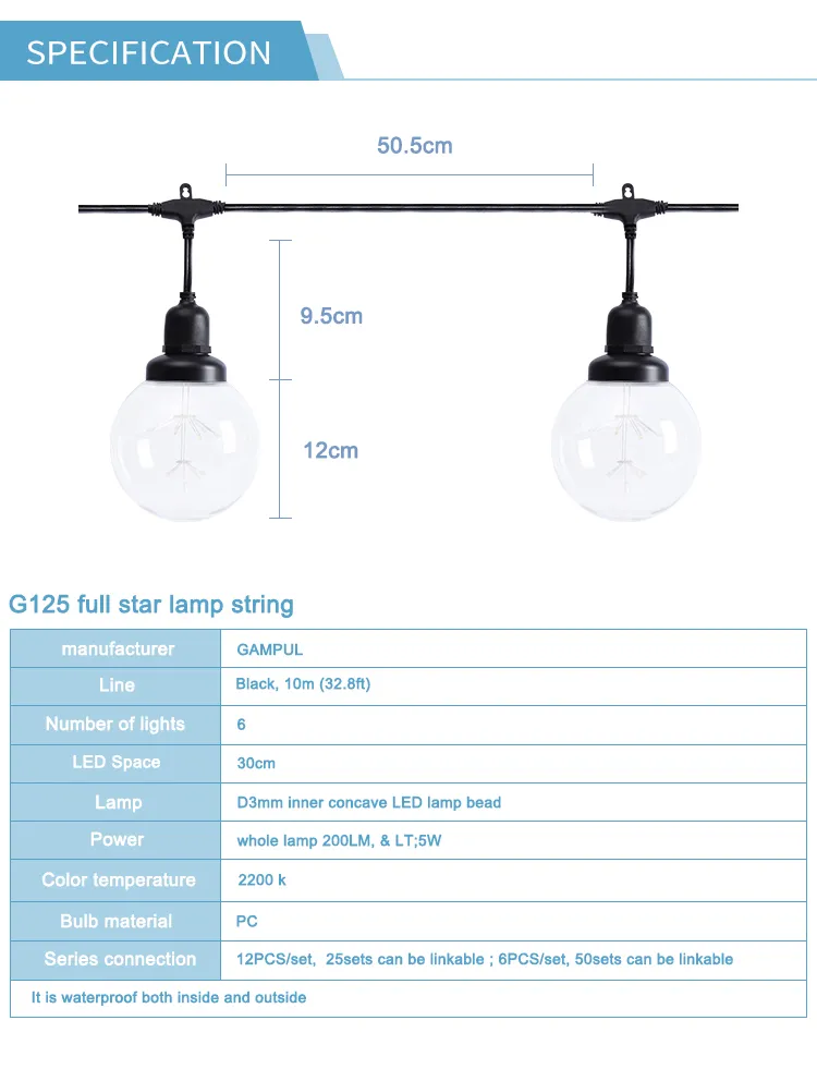 سلسلة أضواء LED الملونة دافئة بيضاء زينة عيد الميلاد G125 أضواء سلسلة LED