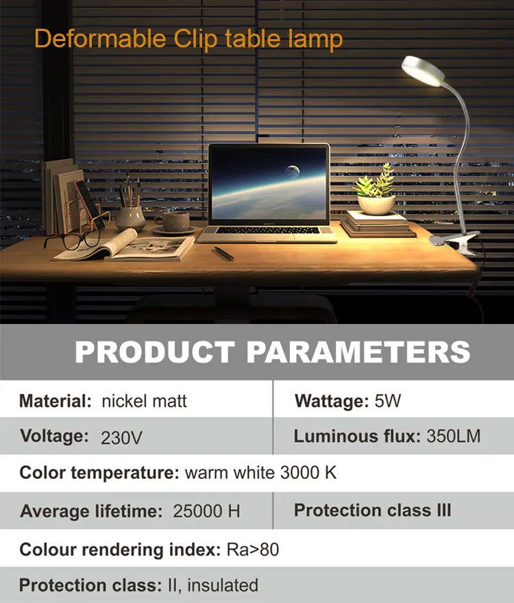 مصباح طاولة بتقنية LED مع مشبك للتثبيت على الطاولة للإضاءة في غرفة النوم أو المكتب
