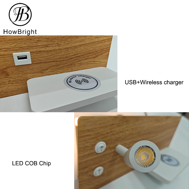 مصباح قراءة حائط فندقي LED مع شحن لاسلكي وUSB
