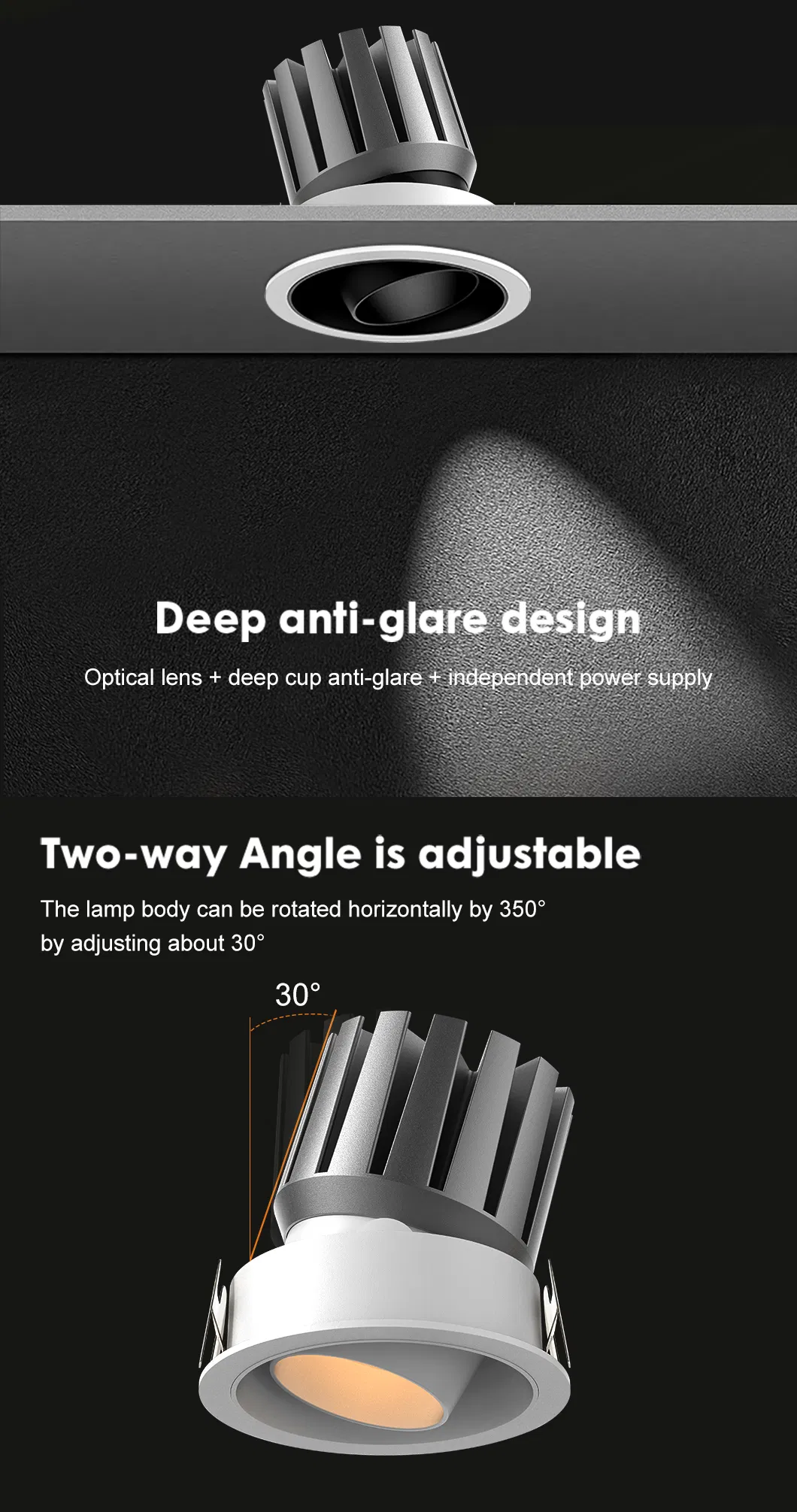75-77mm ضوء LED مدمج قابل للتعديل، حلقة لامعة بيضاء، قابل للتعتيم، تركيب سهل للديكور الداخلي الحديث