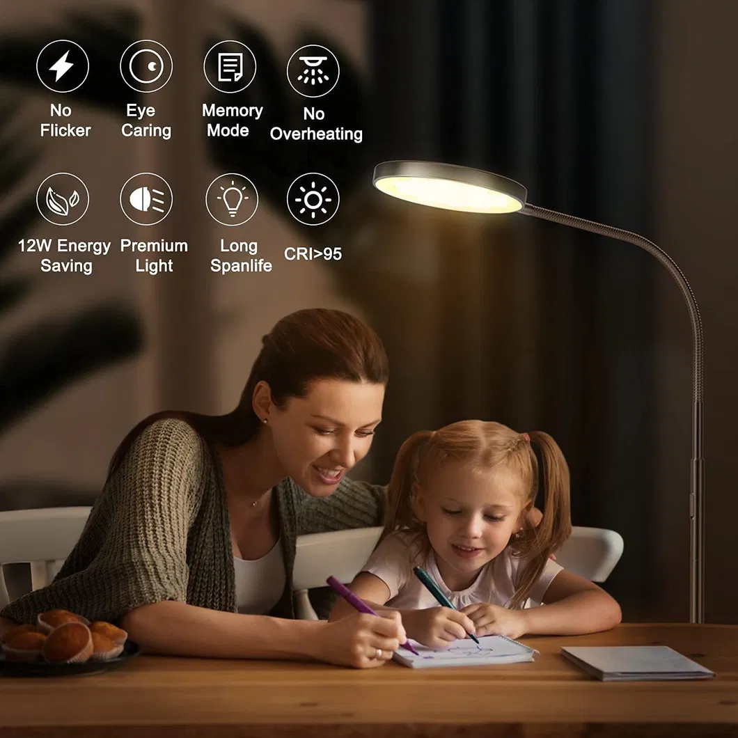 مصباح أرضي LED للقراءة في غرفة النوم بتصميم أنيق وقابل للتعديل مع ذراع مرن مقوس