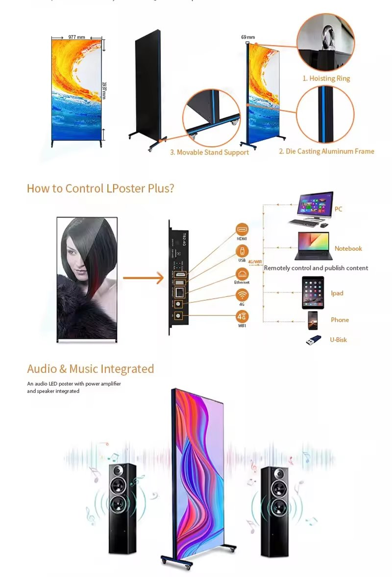 Outdoor Indoor Shopping Mall Vertical Advertising Video LED Display Board Movable Floor-Standing LED Poster Display Screen