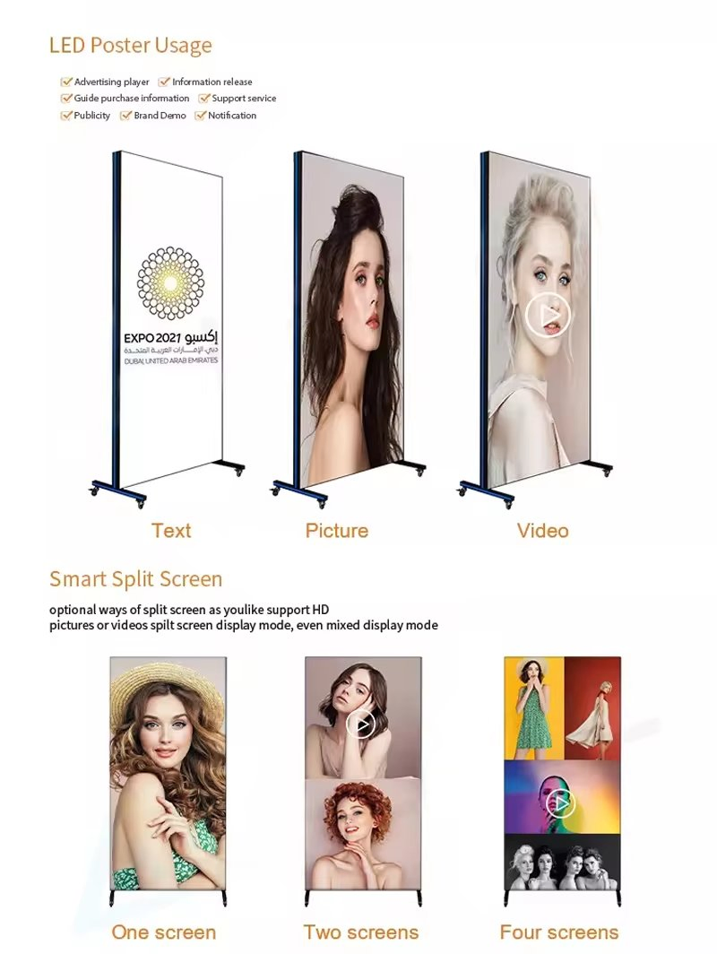 Outdoor Indoor Shopping Mall Vertical Advertising Video LED Display Board Movable Floor-Standing LED Poster Display Screen