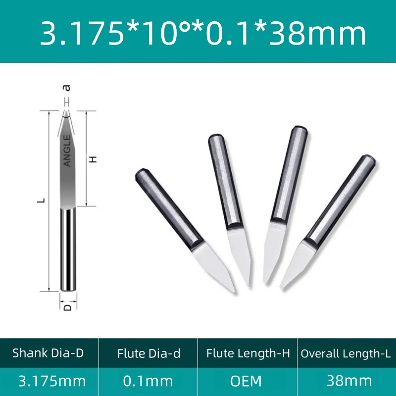 3.175*10&deg; *0.1*38mm بت engraving قاع مسطح من كربيد صلب 30&deg; 60&deg; 90&deg; نحت على شكل حرف V للخشب والمعادن واللافتات