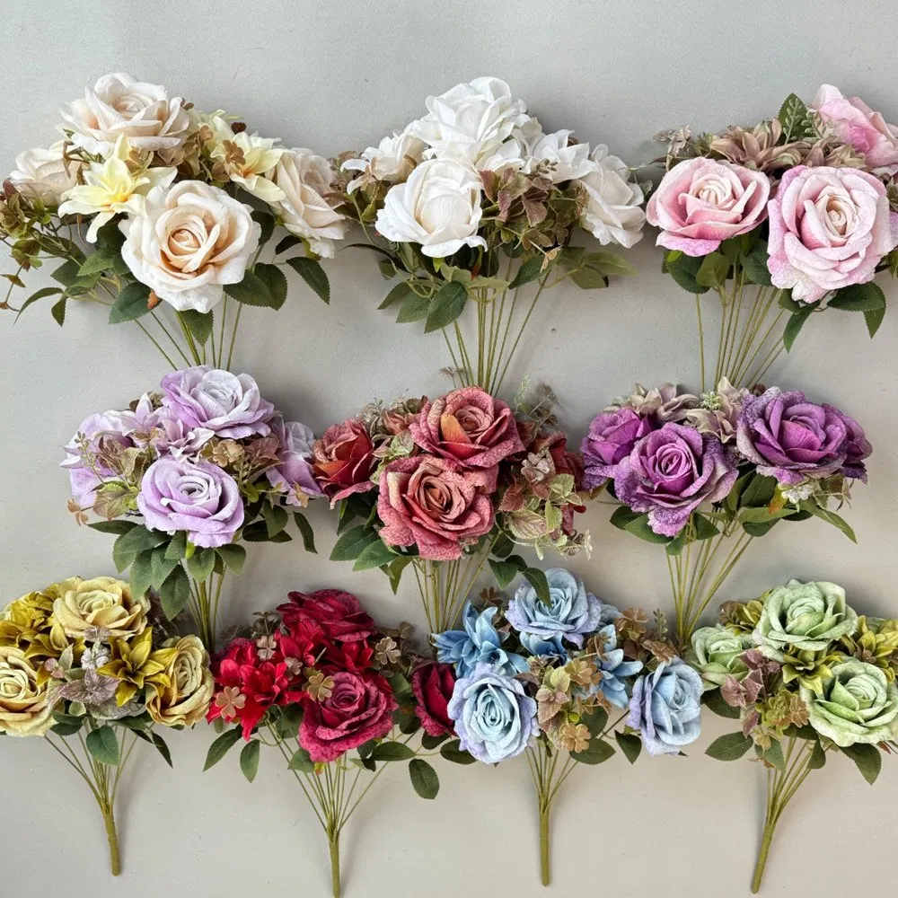 Wholesale High-End Artificial 9 Heads Roses Flowers for Wedding Backdrop Decoration