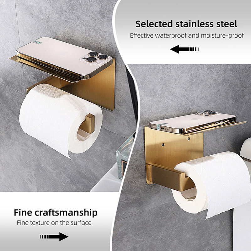 Brushed Rose Gold Round Bar 304 Stainless Steel Toilet Paper Holder with Phone Shelf, No Drill &amp; Punch Dual Installation Rustproof Wall Mounted Bathroom Tissue