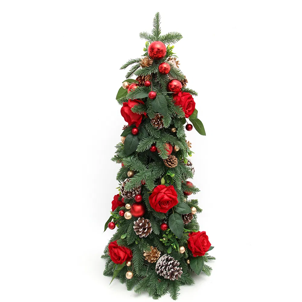 2024 Newly Design Pine Tower Molding Aritificial Rose Tree with LED Light Christmas Decorations for Christmas Ornaments