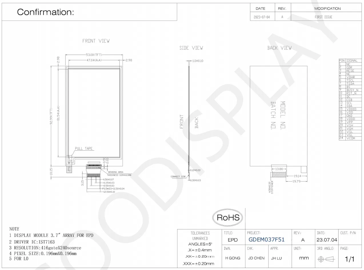 3.7'' 4 Color 416*240 Ist7163 Based E-Paper Display EPD