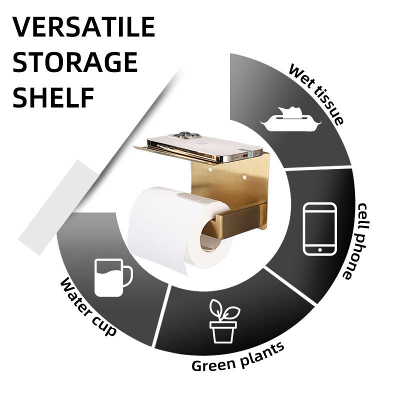 Brushed Rose Gold Round Bar 304 Stainless Steel Toilet Paper Holder with Phone Shelf, No Drill &amp; Punch Dual Installation Rustproof Wall Mounted Bathroom Tissue