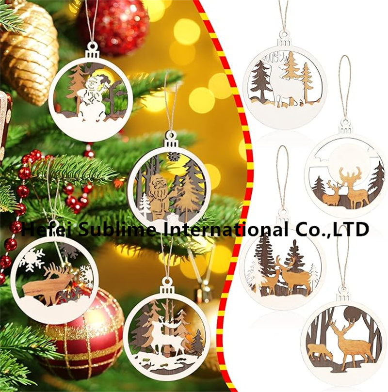 3D Round Hollow Laser Cutting Wood Ornament for Christmas Holiday Decoration