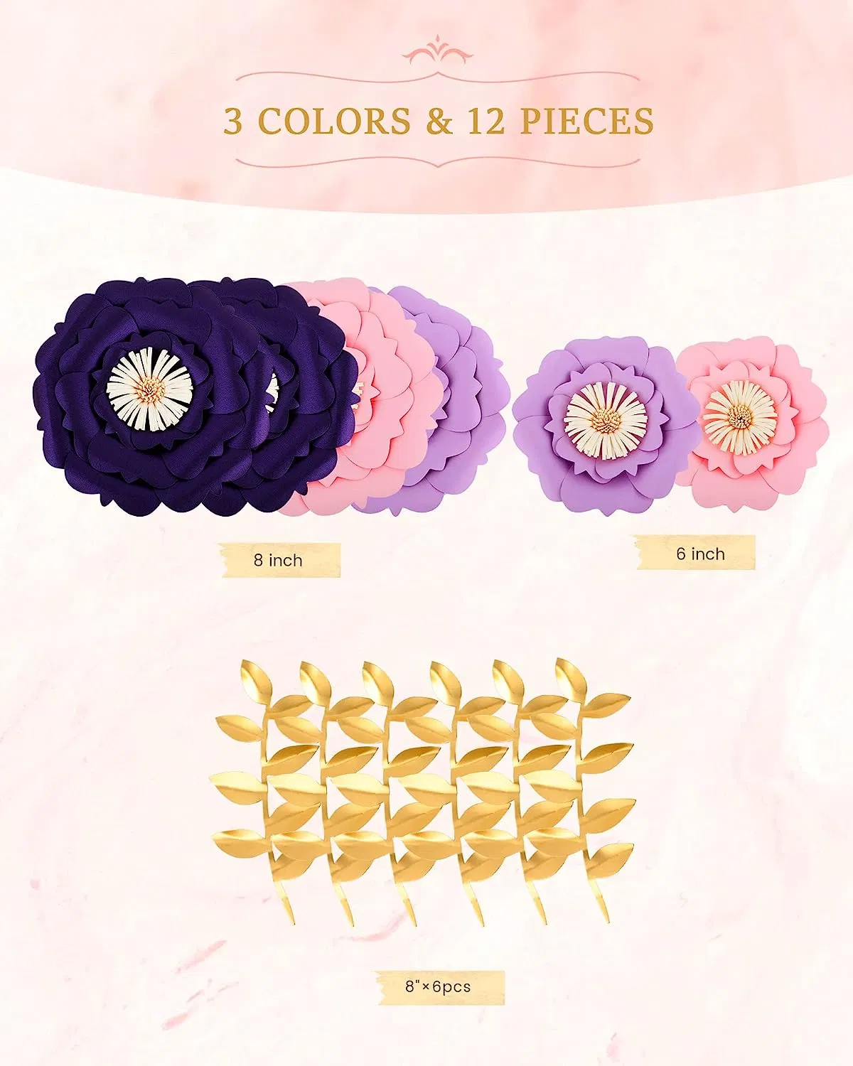 Large 3D Paper Flowers Decorations for Wall (Purple Lavender Pink, Set of 6), Wedding, Bridal Shower, Baby Shower, Nursery Decor, Centerpieces, Paper Roses Back