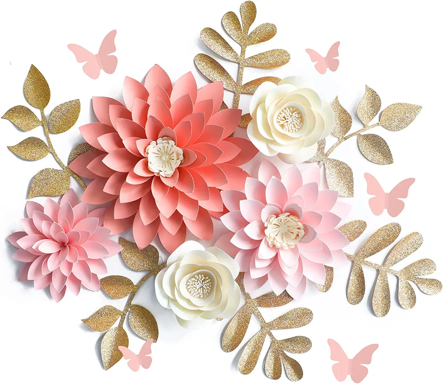 3D Artificial Paper Flower Decorations for Wall(Ivory Pink Rose Gold, Set of 16), Wedding, Bridal Shower, Baby Shower, Nursery Decor, Centerpieces, Flower Backd