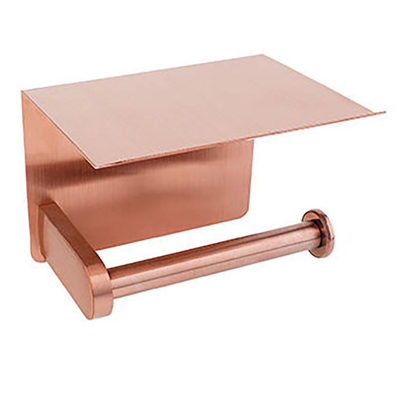 Brushed Rose Gold Round Bar 304 Stainless Steel Toilet Paper Holder with Phone Shelf, No Drill &amp; Punch Dual Installation Rustproof Wall Mounted Bathroom Tissue